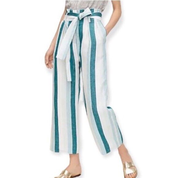 NEW J. Crew Cabana Stripe Paperbag Linen Pants Tie Waist Turquoise‎ Jade White 4 - Picture 1 of 13